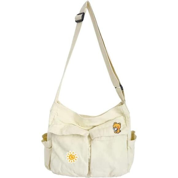 Retro Canvas Crossbody Bag with Multiple Pockets Beige - Picture 1 of 6